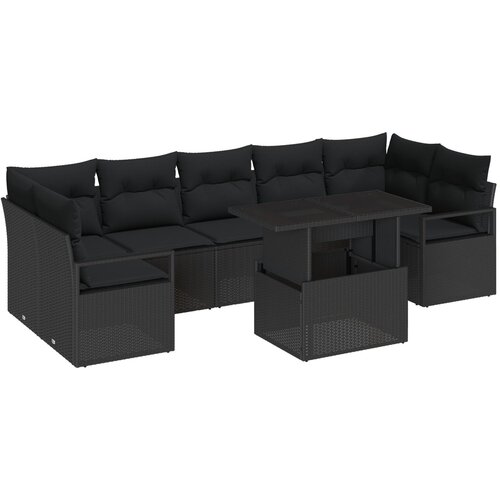 VidaXL 8-dijelni set sofe za vrt s jastučićima Crni poli ratan, dvosjedna sofa za vrt s pohranom i jastučićima Crni poli ratan Slike