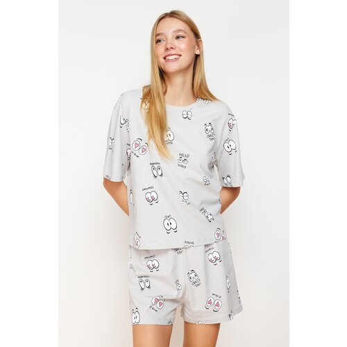 Trendyol Gray Printed Single Jersey Knitted Pajamas Set Slike