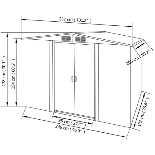 VidaXL Vrtna kućica za pohranu siva metalna 257 x 205 x 178 cm Slike