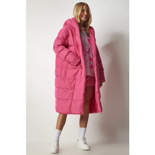  Women's Pink Oversized Long Down Coat with a Hood