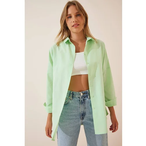  Women's Light Green Oversize Long Basic Shirt