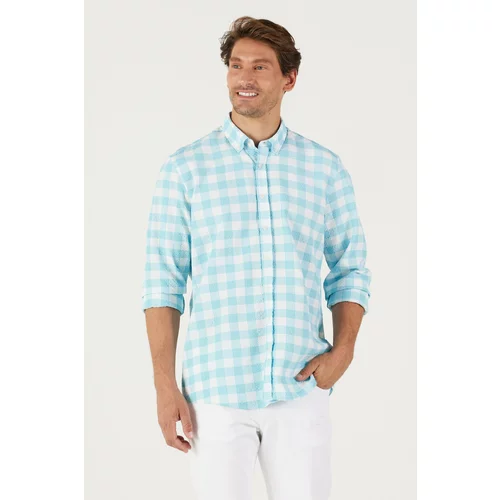 AC&Co / Altınyıldız Classics Men's White Mint Slim Fit Slim Fit Shirt with Buttoned Collar See-through Patterned Shirt.