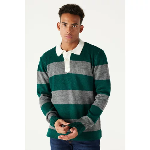 AC&Co / Altınyıldız Classics Men's Green-gray Standard Fit Regular Cut Polo Neck Striped Knitwear Sweater