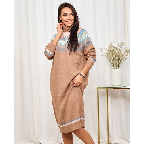 Resti Brown women's sweater dress with turtleneck and print Cene