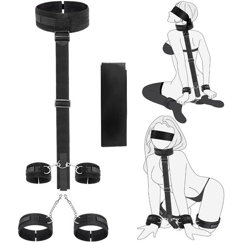 SuperLove Neck to Wrist &amp;amp; Ankle Cuffs Restraint Kit Black Slike