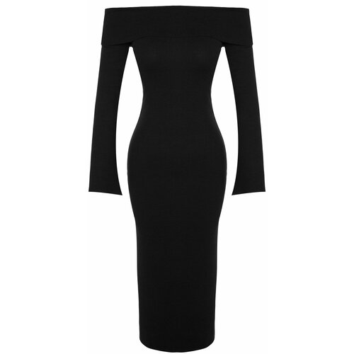 Trendyol Black Fitted/Sticky Carmen Collar Corsair Soft-Texture Midi, Stretch Knit Dress Slike