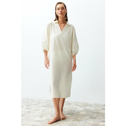 Trendyol ecru wide fit midi woven balloon sleeve 100% cotton beach dress Slike