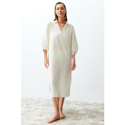 Trendyol Ecru Wide Fit Midi Woven Balloon Sleeve 100% Cotton Beach Dress Slike