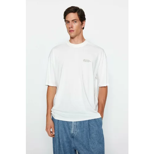 Trendyol Ecru Men's Oversize 100% Cotton Minimal Text Printed T-Shirt