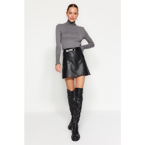 Trendyol Black Faux Leather Belt Mini Weave Skirt Slike