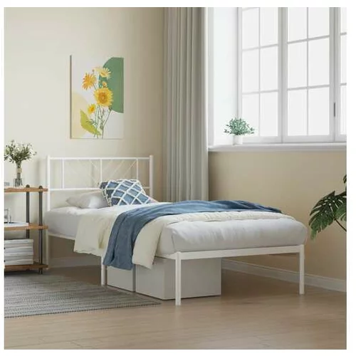 vidaXL Kovinski posteljni okvir z vzglavjem bel 107x203 cm