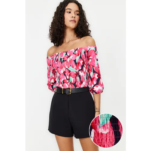 Trendyol Pink Printed Gimped Carmen Collar Three Quarter Sleeve Crepe/Texture Knitted Blouse