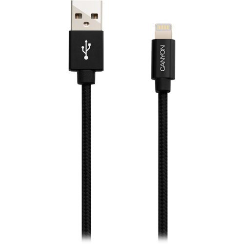 Canyon MFI-3 Charge &amp; Sync MFI braided cable with metalic shell, USB to lightning, certified by Apple, cable length 1m, OD2.8mm, Black - CNS-MFIC3B Cene