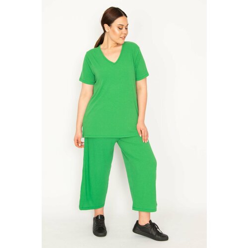 Şans Women's Green Camisole Knitted Elastic Waist Wide Leg Trousers V-Neck Blouse Suit Slike