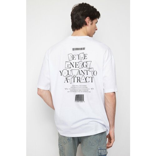 Trendyol Men's White Oversize/Wide-Fit Crew Neck Fluffy Text Printed 100% Cotton T-Shirt Slike