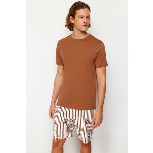 Trendyol Men's Brown Regular Fit Printed Knitted Pajamas Set Slike