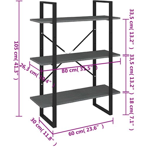  za knjige s 3 razine sivi 80x30x105 cm masivna borovina Slike