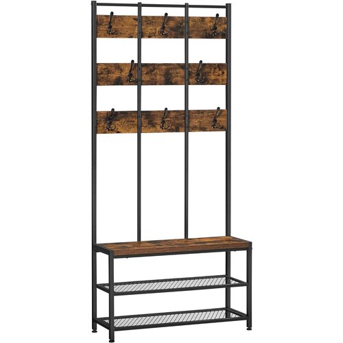 Songmics HSR087B01 Stojalo za oblačila z 8 kavlji in sedežem, 2 mrežasti polici, hodnik, dnevna soba, kovinski okvir, industrijski slog, vintage rjava/črna, (21389254) Cene