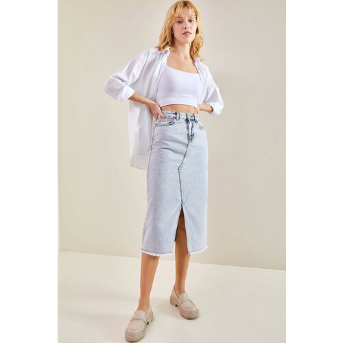 Bianco Lucci Women's Laser Cut Slit Denim Skirt Slike