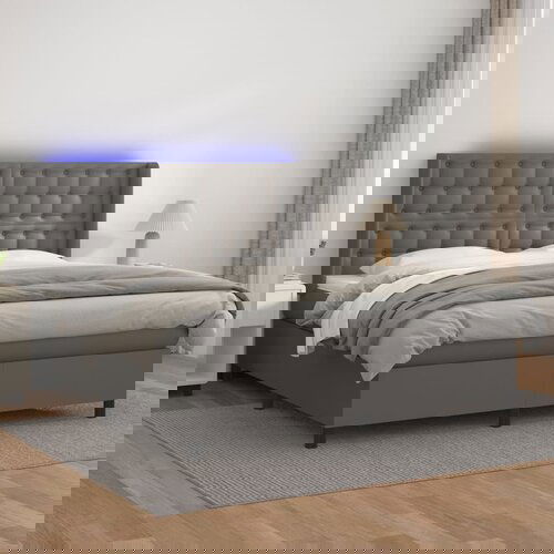 vidaXL Box spring postelja z vzmetnico LED siva 180x200cm umetno usnje Cene