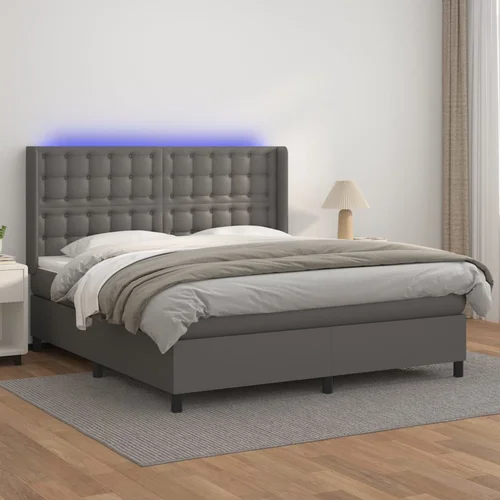 vidaXL Box spring postelja z vzmetnico LED siva 180x200cm umetno usnje