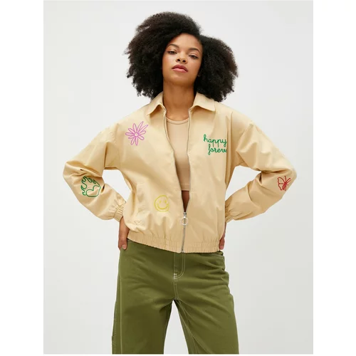 Koton Bomber Jacket Zippered Slogan Embroidered Pocket Detail Cotton