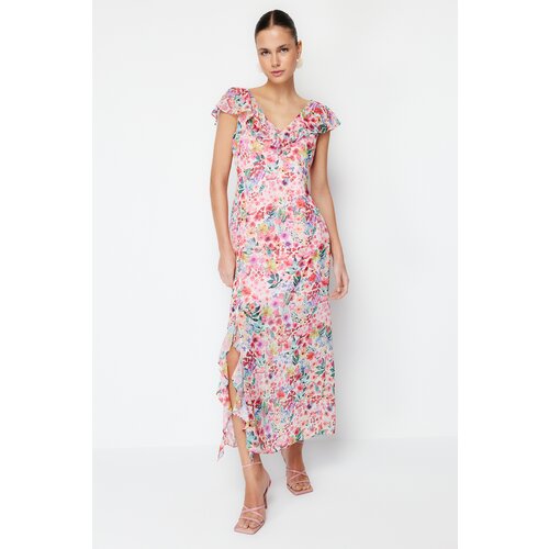 Trendyol Pink Ruffled Chiffon Lined Maxi Woven Dress Slike