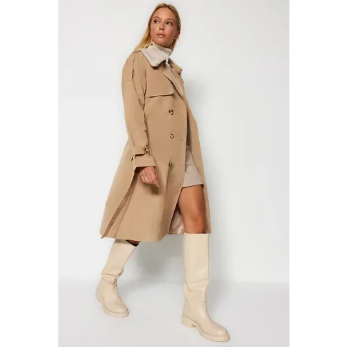Trendyol Beige Oversized Wide-Cut Collar Plush Detailed, Water-repellent Long Trench Coat