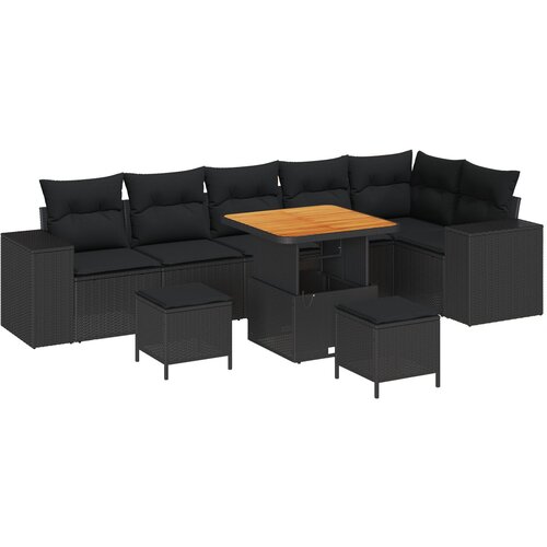 vidaXL 9-delni vrtni set sofa s blazinami črni poli ratan akacija, 3-delni vrtni jedilni set s blazinami črn poli ratan akacija Cene