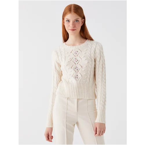 LC Waikiki Women's Crew Neck Embroidered Long Sleeve Crop Knitwear Sweater