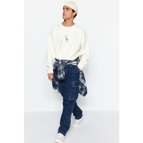 Trendyol Beige Men's Oversize Limited Edition Premium Zipper Stand Collar Animal Embroidered Cotton Sweatshirt Slike