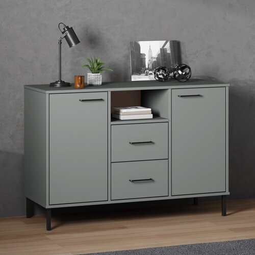 vidaXL Komoda s kovinskimi nogami siva 113x40x77 cm trden les OSLO Cene
