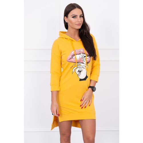  Dress with a longer back and a colorful mustard print Slike