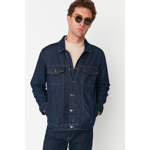 Trendyol Navy Blue Men&amp;#039;s Regular Fit Tobacco Stitched Denim Jacket Slike