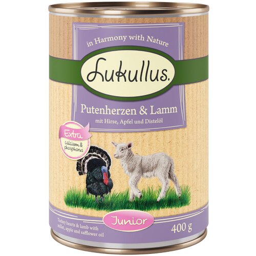 Lukullus Junior puranji srčki &amp;amp; jagnjetina - 6 x 400 g Slike