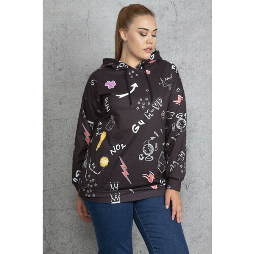 Şans Women's Plus Size Black Front Printed Hooded Sweatshirt Slike