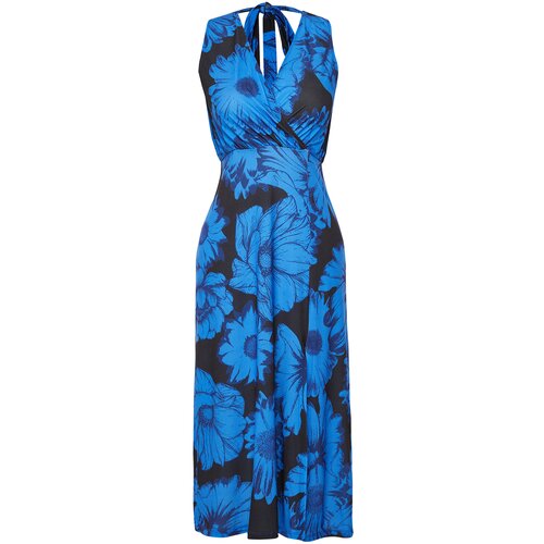 Trendyol Blue Patterned Gathered Double Breasted V Neck Flexible Knitted Midi Dress Slike