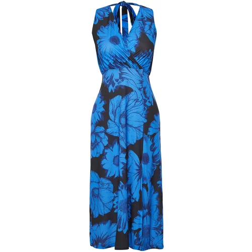 Trendyol Blue Patterned Gathered Double Breasted V Neck Flexible Knitted Midi Dress