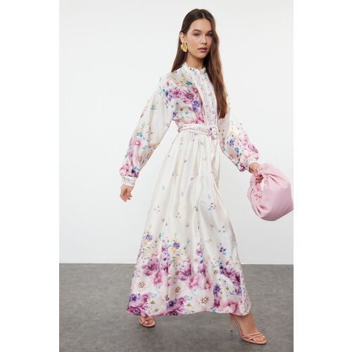 Trendyol Ecru Belted Woven Floral Patterned Dress Cene
