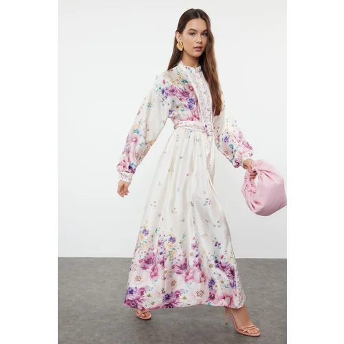 Trendyol Ecru Belted Woven Floral Patterned Dress