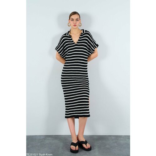Laluvia Black and cream Striped Polo Neck Slit Dress Cene