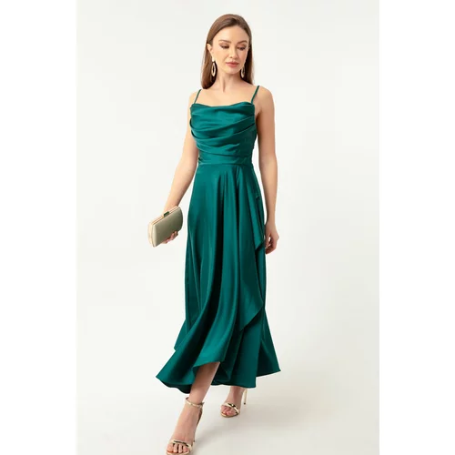 Lafaba Women's Emerald Green Satin Midi Length Evening Dress &; Prom Dress with Ruffles and a Slit.