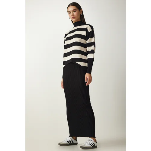  Women's Black Striped Sweater Dress Knitwear Suit