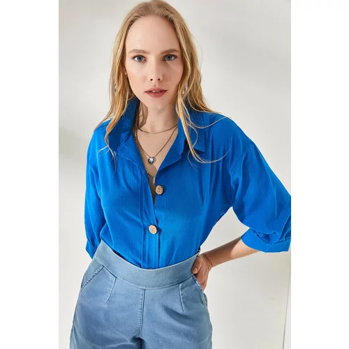 Olalook Women's Flared Blue Wooden Buttoned Three Quarter Arm Linen Shirt