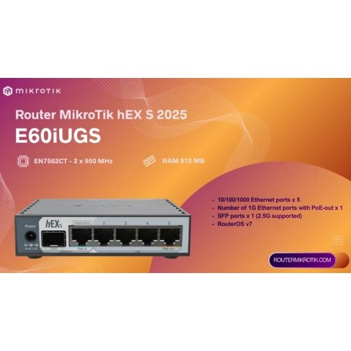 MikroTik Ruter E60iUGS hEX S, 5 x GB LAN/1 x WAN/2.5GbE SFP + USB3. Slike