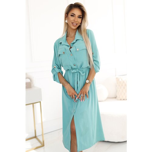 Numoco basic 531-2 Midi shirt dress with gold buttons and ties - mint Slike