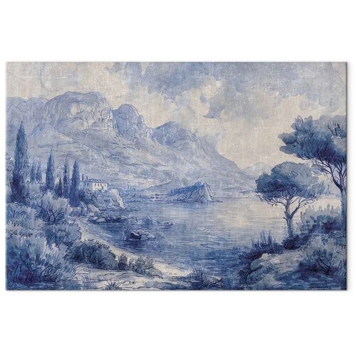  Slika - Blue Bay - Italian landscape of Lake Como painted with blue ink 60x40 Na talijanskom platnu Slike