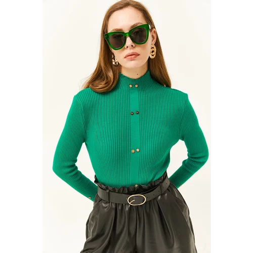 Olalook Women's Grass Green High Neck Button Garnished Lycra Knitwear Sweater