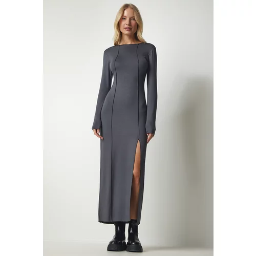 Happiness İstanbul Women's Anthracite Viscose Long Viscose Dress with Slit and Stitching