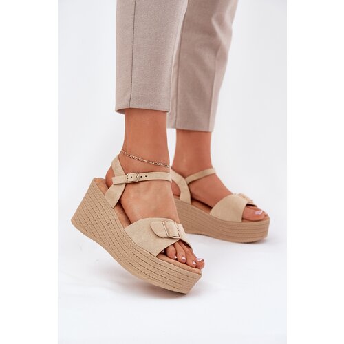 Boto Wedge Heeled Sandals With Buckle Khaki Liniella Cene